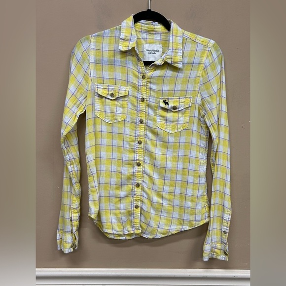 Abercrombie & Fitch Yellow Plaid  Button Up Shirt Lenen Blend  Womens Size M - Picture 1 of 6